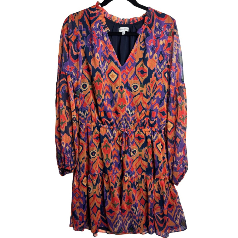Willa Story Long Sleeve Dress Orange Purple Ikat Print size Large - Picture 1 of 12